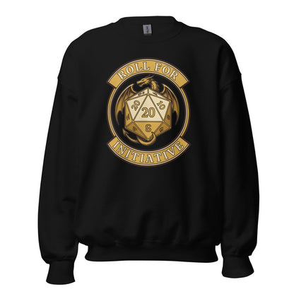Roll For Initiative d20 dragon tabletop RPG crewneck sweatshirt — Black, front