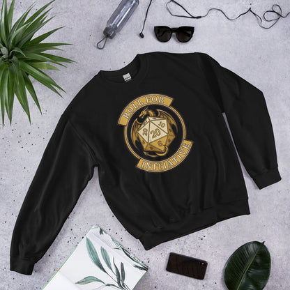 Roll For Initiative d20 dragon tabletop RPG crewneck sweatshirt — Black, front-right
