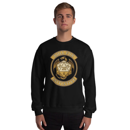Roll For Initiative d20 dragon tabletop RPG crewneck sweatshirt — Black, on model