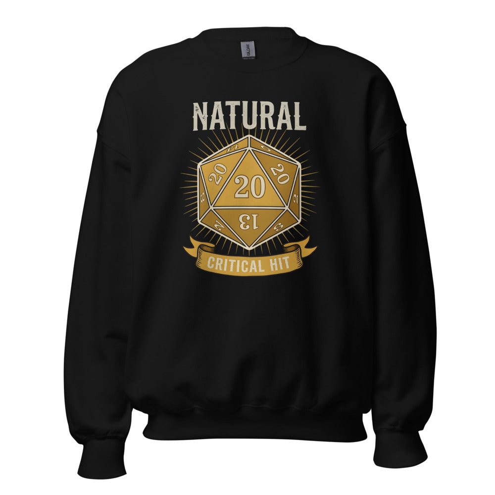 Natural 20 critical hit d20 tabletop RPG crewneck sweatshirt — Black, front