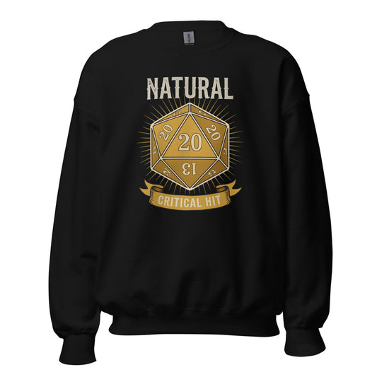 Natural 20 critical hit d20 tabletop RPG crewneck sweatshirt — Black, front