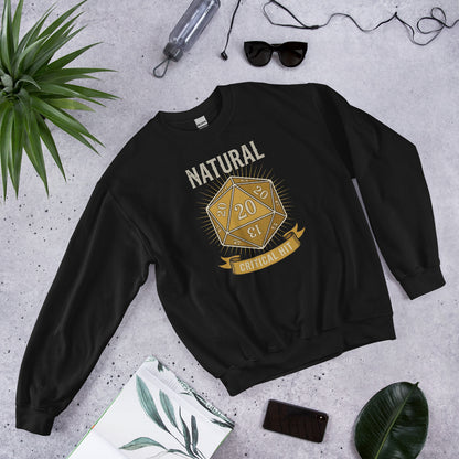 Natural 20 critical hit d20 tabletop RPG crewneck sweatshirt — Black, front-right