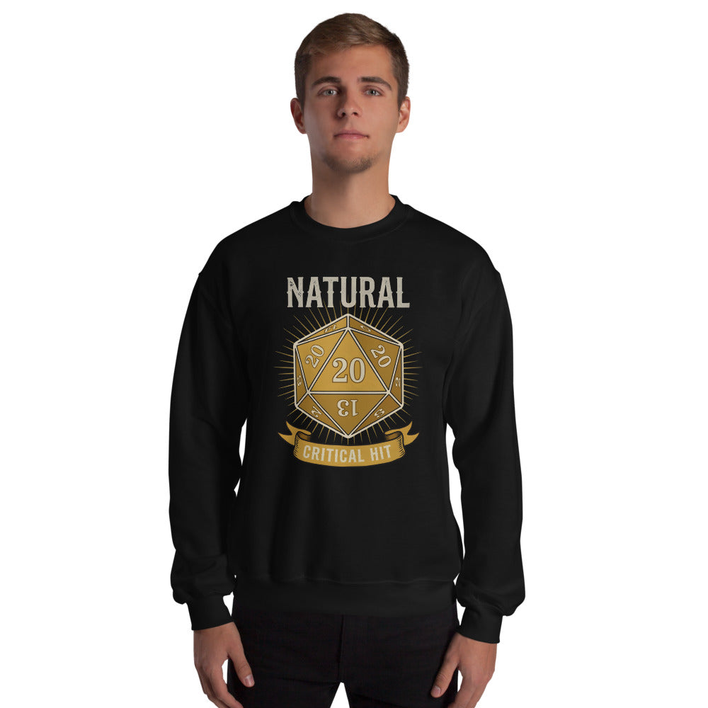 Natural 20 critical hit d20 tabletop RPG crewneck sweatshirt — Black, on model