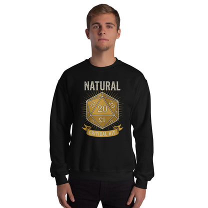 Natural 20 critical hit d20 tabletop RPG crewneck sweatshirt — Black, on model