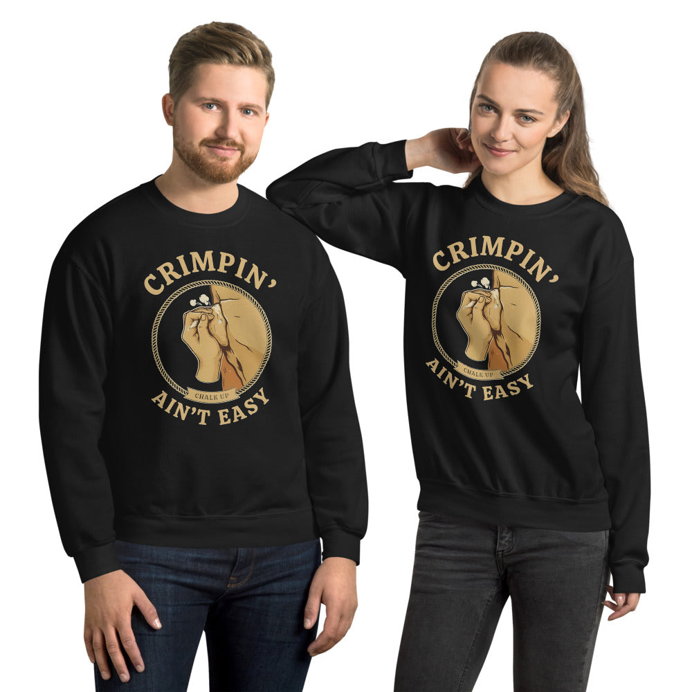 Crimpin' Ain't Easy bouldering badge crewneck sweatshirt — Black, on model