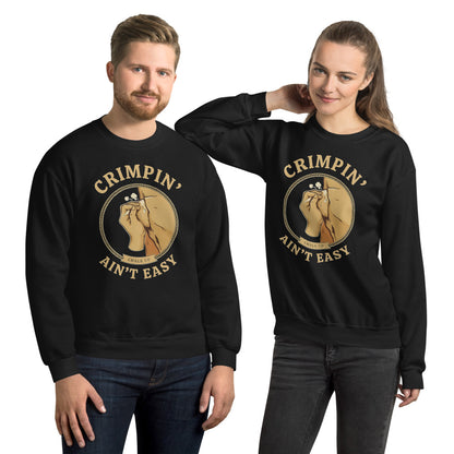 Crimpin' Ain't Easy bouldering badge crewneck sweatshirt — Black, on model
