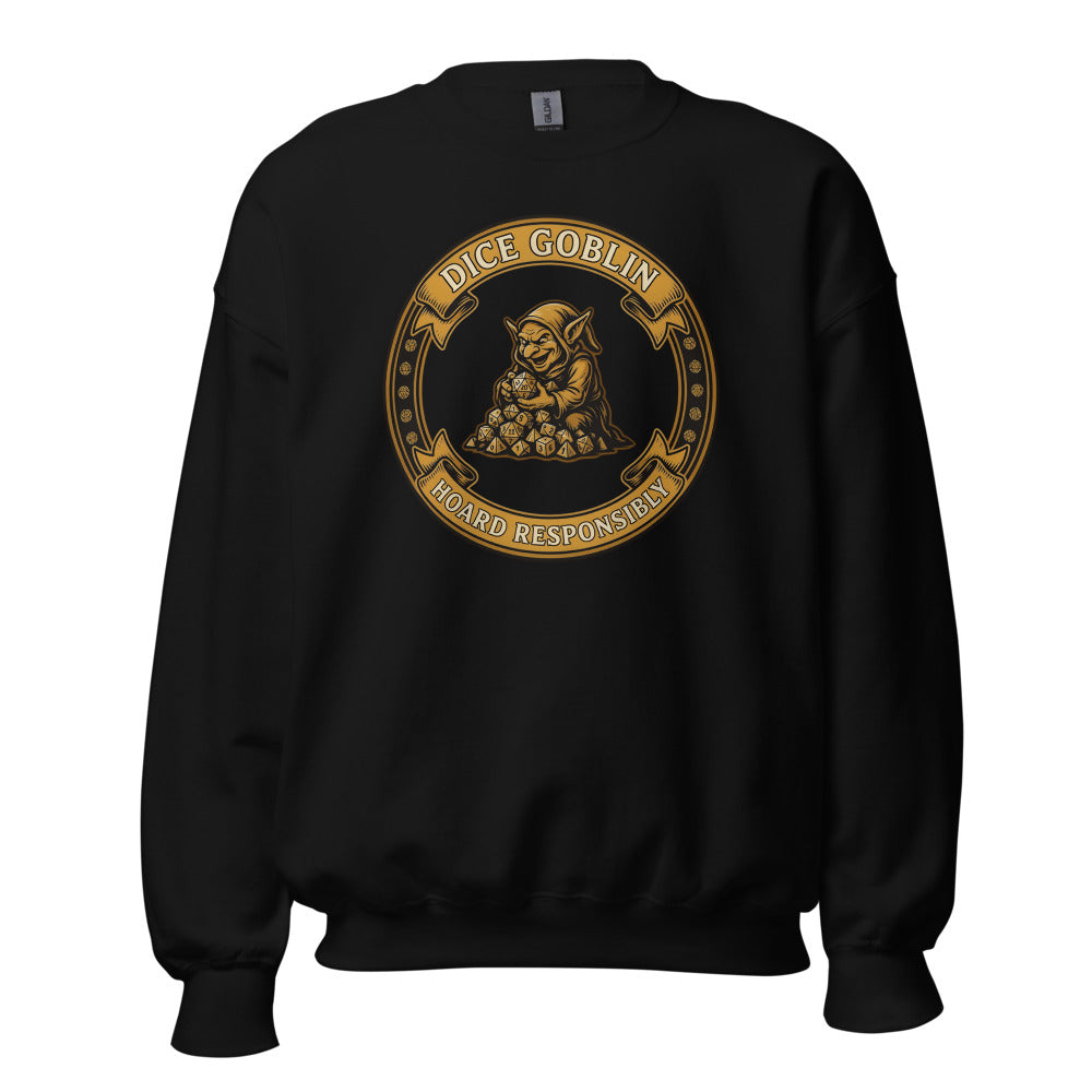 Dice Goblin Hoard Responsibly tabletop RPG crewneck sweatshirt — Black, front