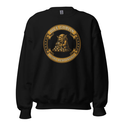 Dice Goblin Hoard Responsibly tabletop RPG crewneck sweatshirt — Black, front