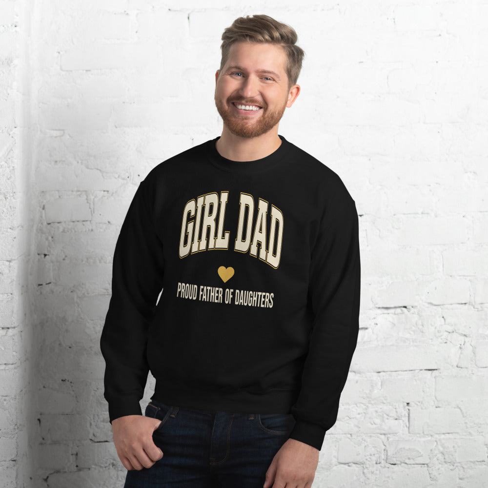 Girl Dad retro varsity crewneck sweatshirt — Black, on model