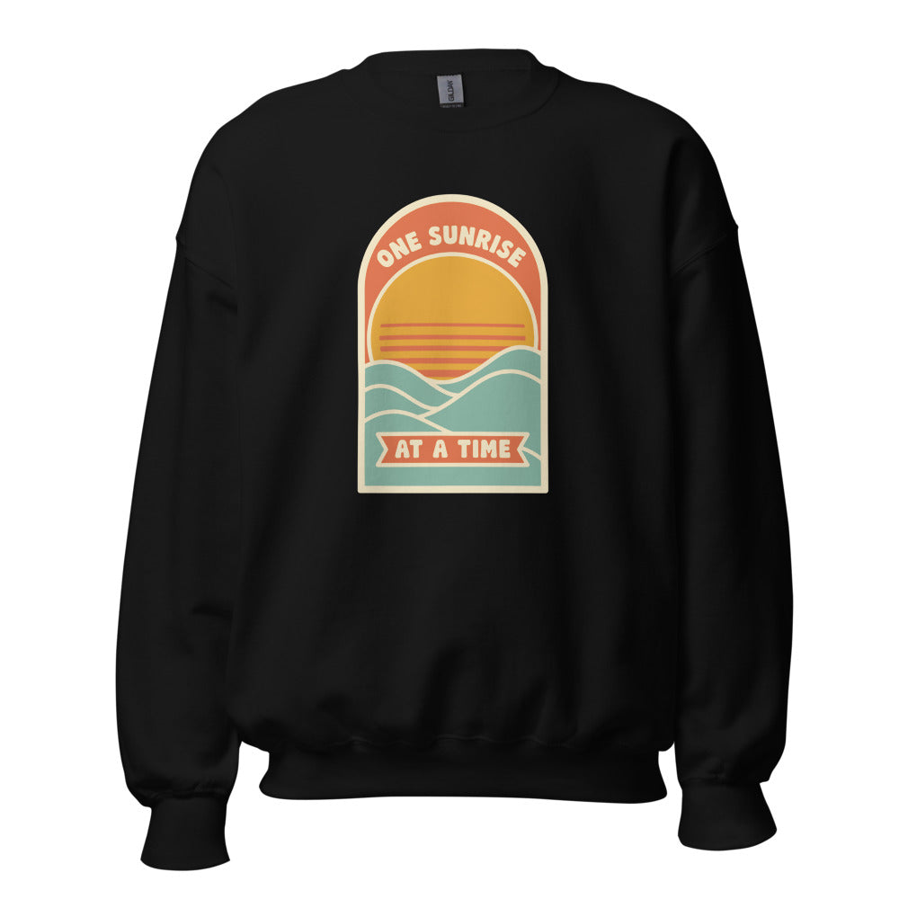 One Sunrise at a Time retro sunrise crewneck sweatshirt — Black, front
