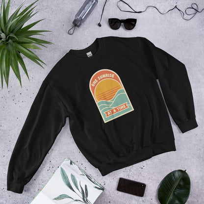 One Sunrise at a Time retro sunrise crewneck sweatshirt — Black, front-right