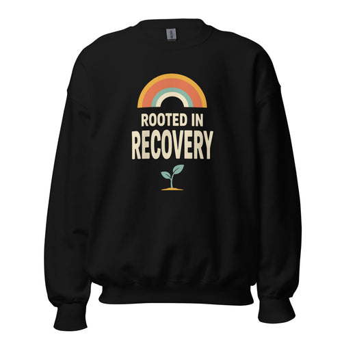 Sober Sweatshirt, Rooted in Recovery Crewneck, Recovery Milestone Gift — Retro Rainbow Sobriety Sweatshirt