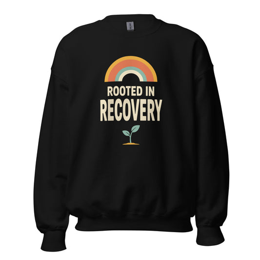 Rooted in Recovery retro rainbow crewneck sweatshirt — Black, front