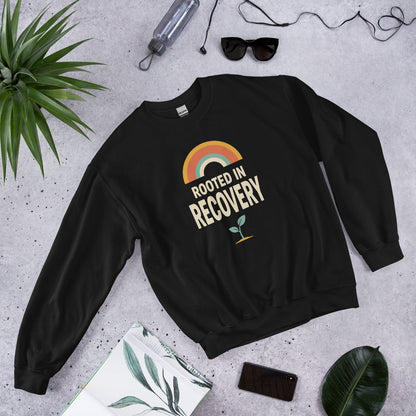 Rooted in Recovery retro rainbow crewneck sweatshirt — Black, front-right