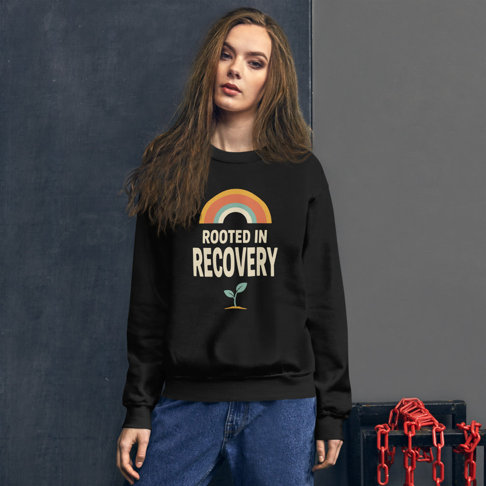 Rooted in Recovery retro rainbow crewneck sweatshirt — Black, on model