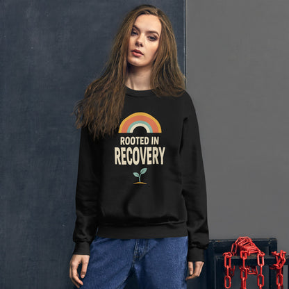 Rooted in Recovery retro rainbow crewneck sweatshirt — Black, on model