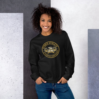 Hybrid Athlete vintage athletic-department crest crewneck sweatshirt — Black, on model