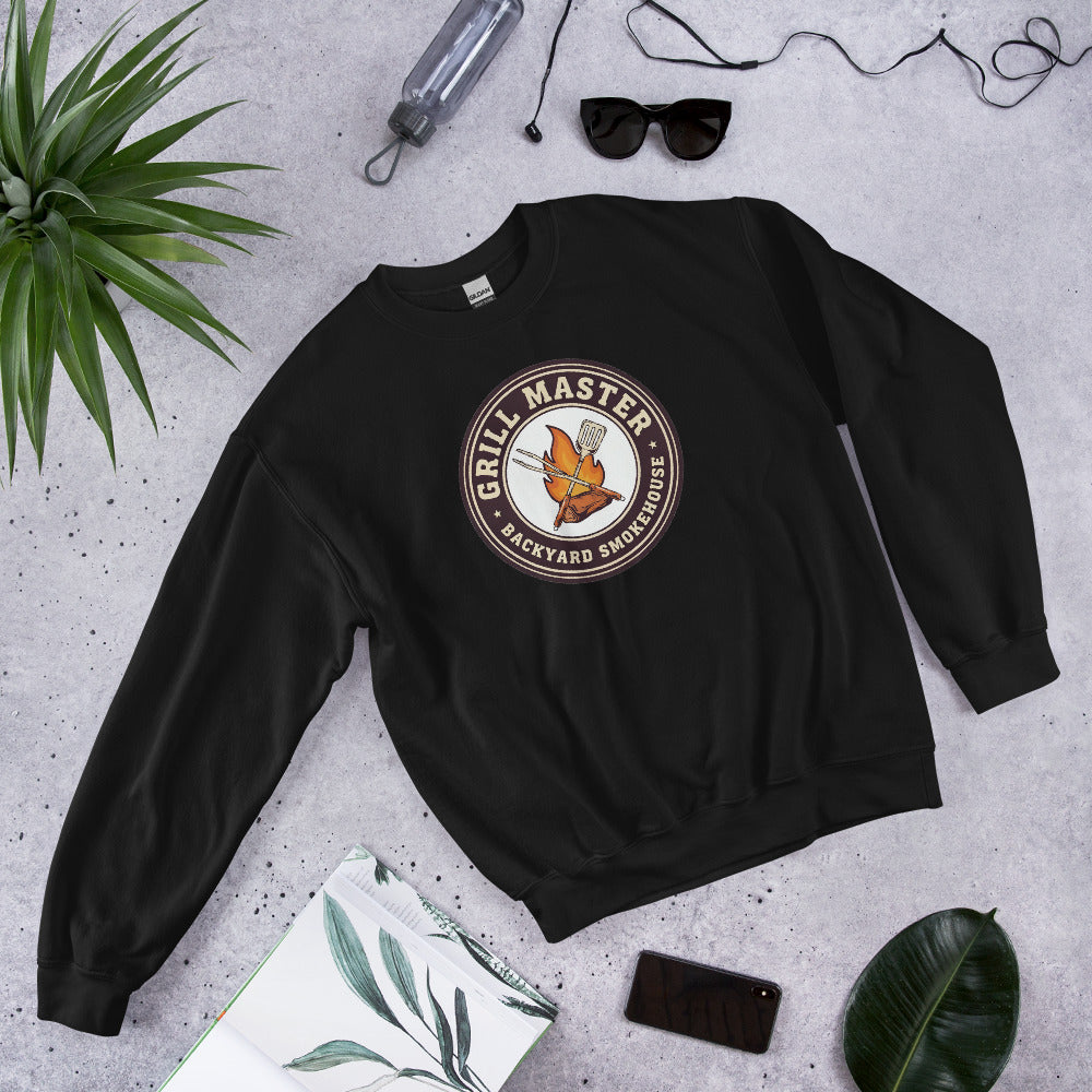 Grill Master retro backyard smokehouse crewneck sweatshirt — Black, front-right
