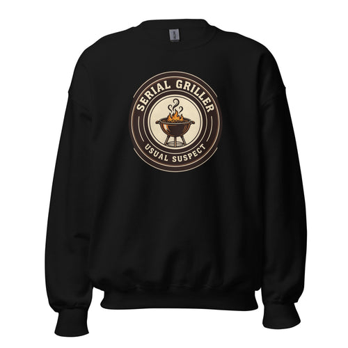 Serial Griller Sweatshirt, Funny BBQ Gift for Dad, Pitmaster Crewneck — Retro Smokehouse Badge