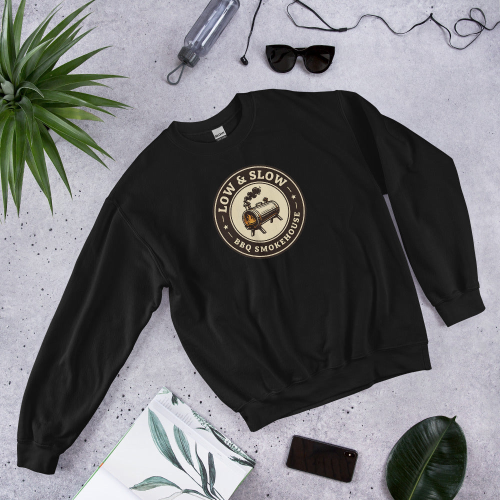 Low & Slow BBQ smoker crewneck sweatshirt — Black, front-right