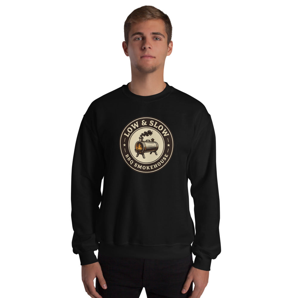 Low & Slow BBQ smoker crewneck sweatshirt — Black, on model