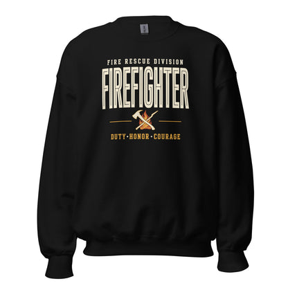 Firefighter collegiate wordmark retro fire-rescue crewneck sweatshirt — Black, front