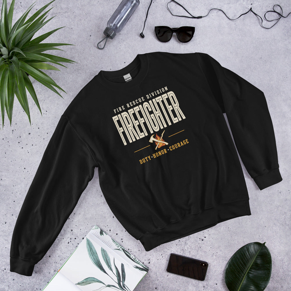 Firefighter collegiate wordmark retro fire-rescue crewneck sweatshirt — Black, front-right