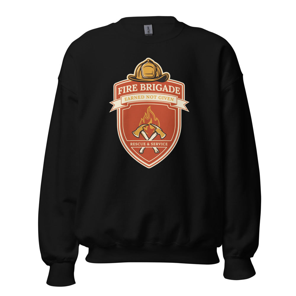 Fire Brigade Earned Not Given retro firefighter shield emblem crewneck sweatshirt — Black, front