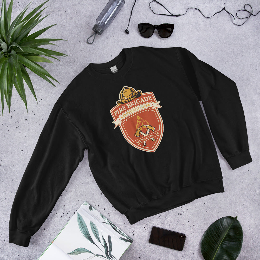 Fire Brigade Earned Not Given retro firefighter shield emblem crewneck sweatshirt — Black, front-right