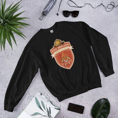 Fire Brigade Earned Not Given retro firefighter shield emblem crewneck sweatshirt — Black, front-right