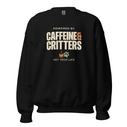 Powered by Caffeine & Critters funny vet tech crewneck sweatshirt — Black, front