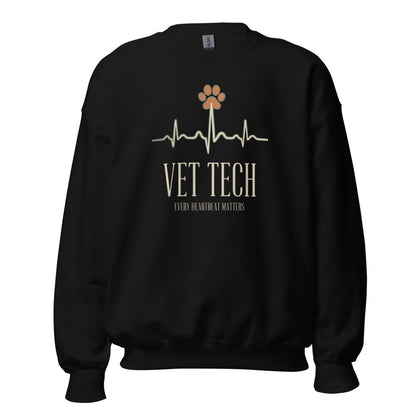 Every Heartbeat Matters minimalist vet tech crewneck sweatshirt — Black, front