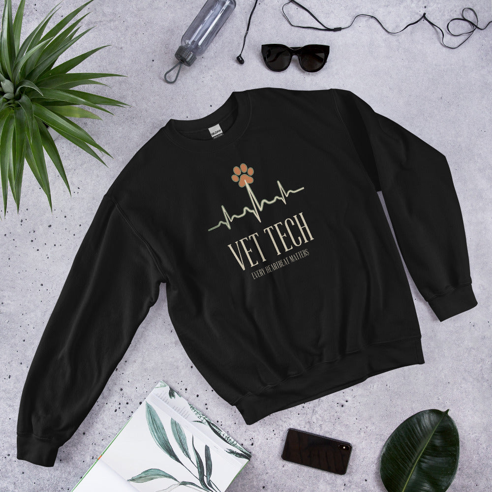 Every Heartbeat Matters minimalist vet tech crewneck sweatshirt — Black, front-right