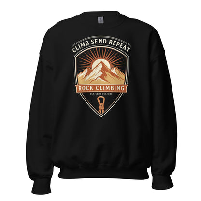Climb Send Repeat mountaineering crest crewneck sweatshirt — Black, front