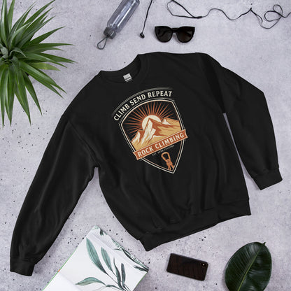 Climb Send Repeat mountaineering crest crewneck sweatshirt — Black, front-right