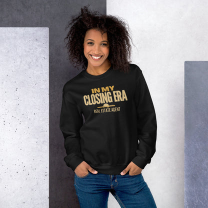 In My Closing Era real estate agent crewneck sweatshirt — Black, on model