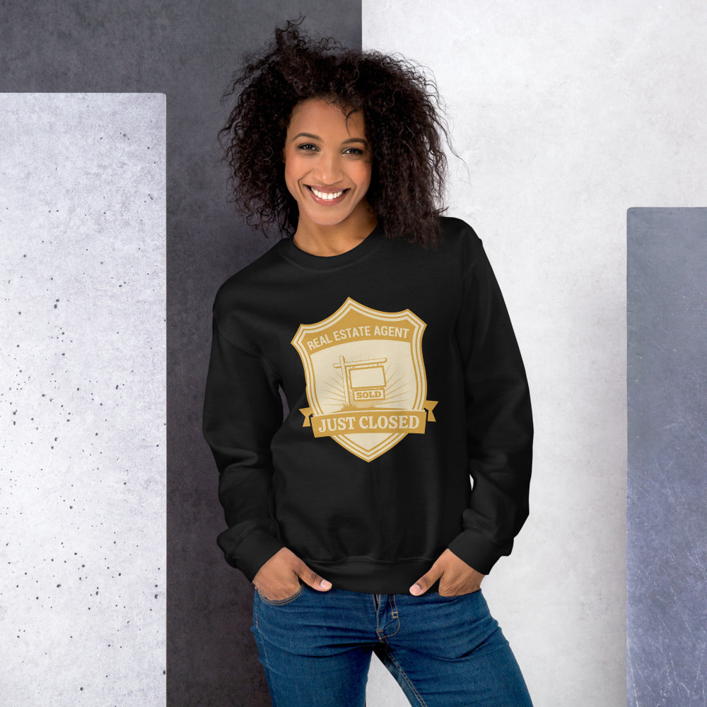 Just Closed real estate agent crewneck sweatshirt — Black, on model