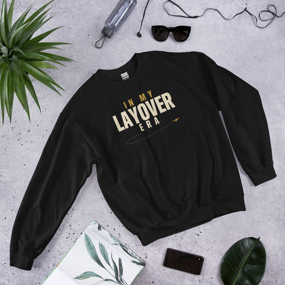 In My Layover Era flight attendant crewneck sweatshirt — Black, front-right