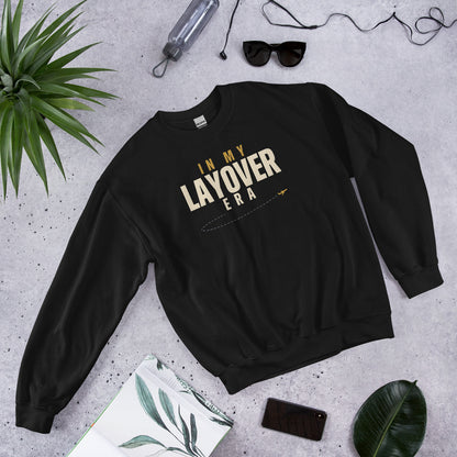In My Layover Era flight attendant crewneck sweatshirt — Black, front-right
