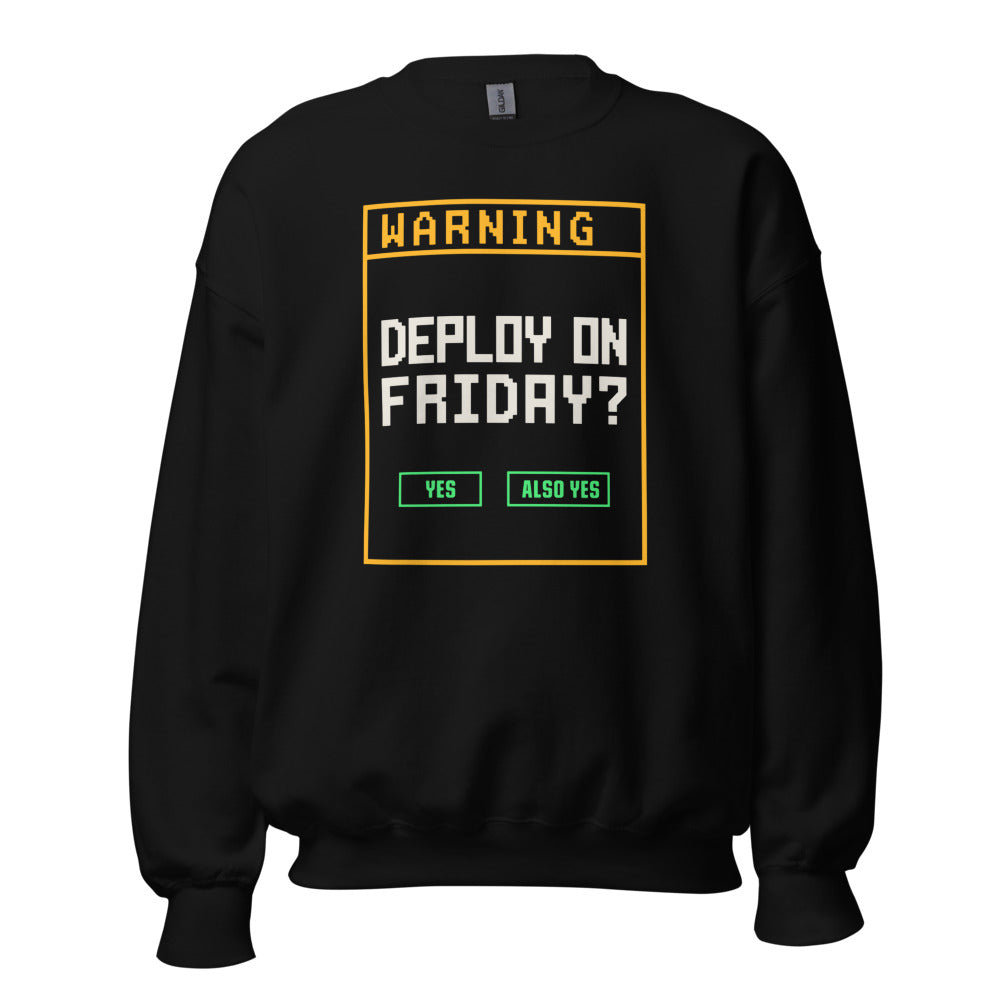 Deploy On Friday programmer crewneck — Black, front