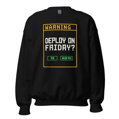 Deploy On Friday programmer crewneck — Black, front