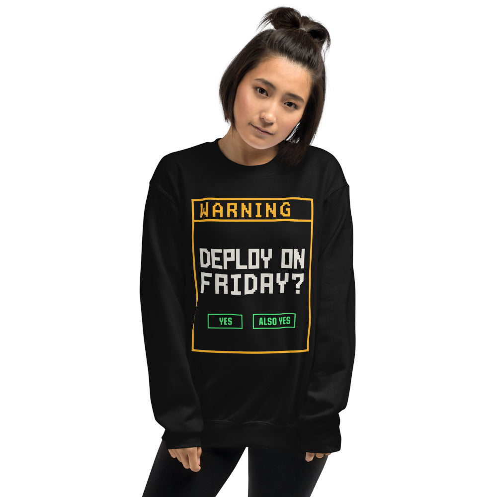 Deploy On Friday programmer crewneck — Black, on model