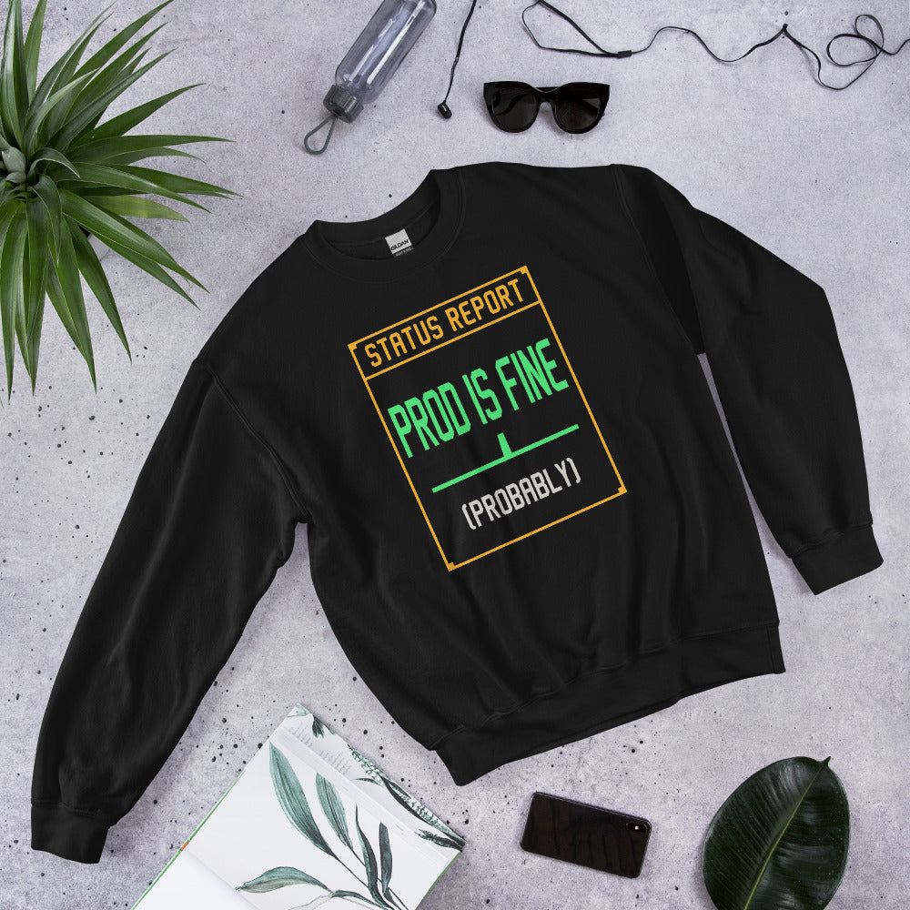 Prod Is Fine programmer crewneck — Black, front-right