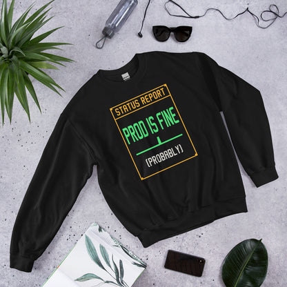 Prod Is Fine programmer crewneck — Black, front-right