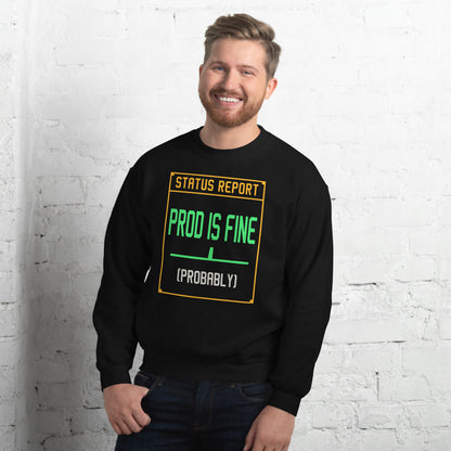 Prod Is Fine programmer crewneck — Black, on model