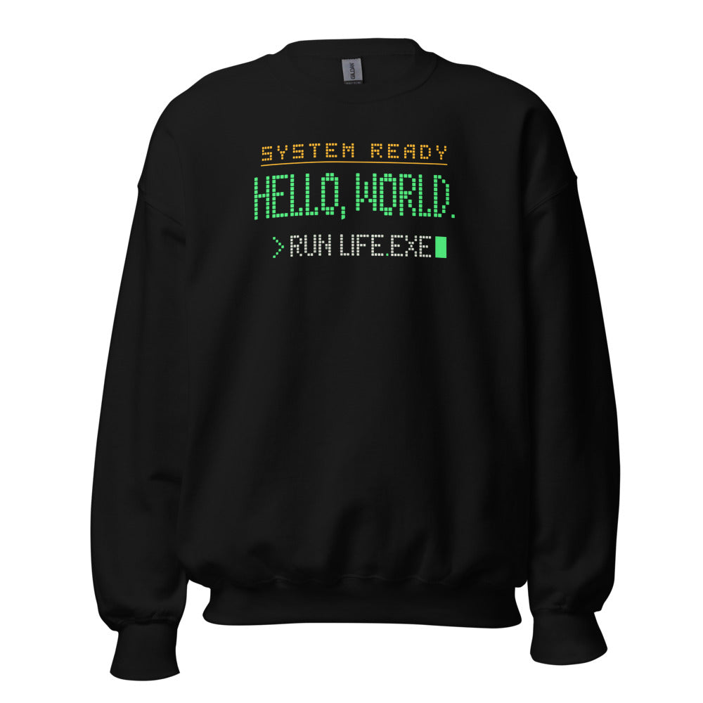 Hello World retro boot screen programmer crewneck sweatshirt — Black, front