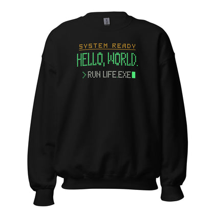 Hello World retro boot screen programmer crewneck sweatshirt — Black, front