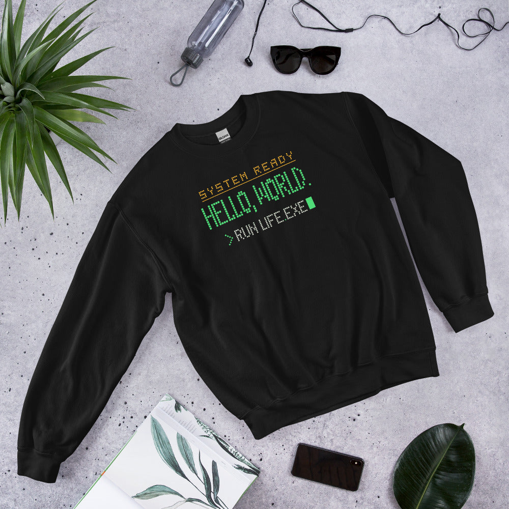 Hello World retro boot screen programmer crewneck sweatshirt — Black, front-right