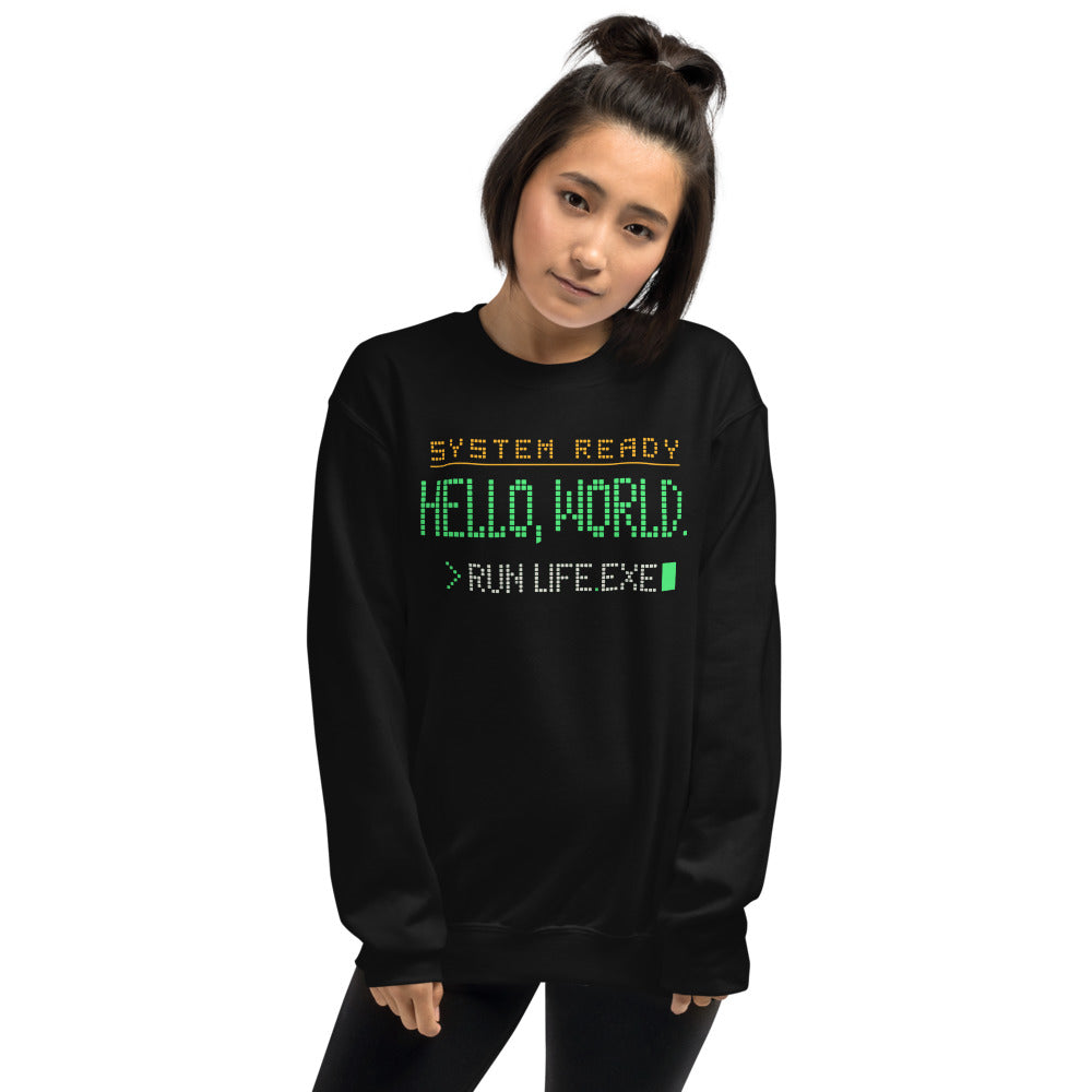Hello World retro boot screen programmer crewneck sweatshirt — Black, on model