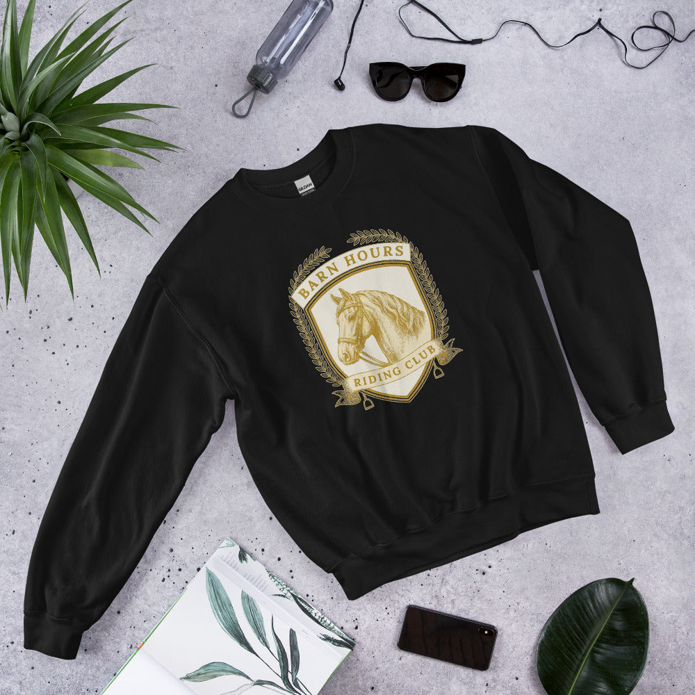 Barn Hours Riding Club vintage equestrian stable crest crewneck sweatshirt — Black, front-right